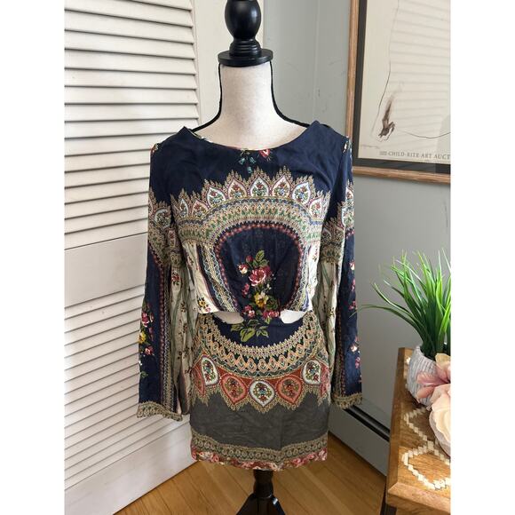 FARM RIO Womens Dress Mini Long Sleeve Cut Out Waist Bohemian Festival | P US S - Picture 3 of 12
